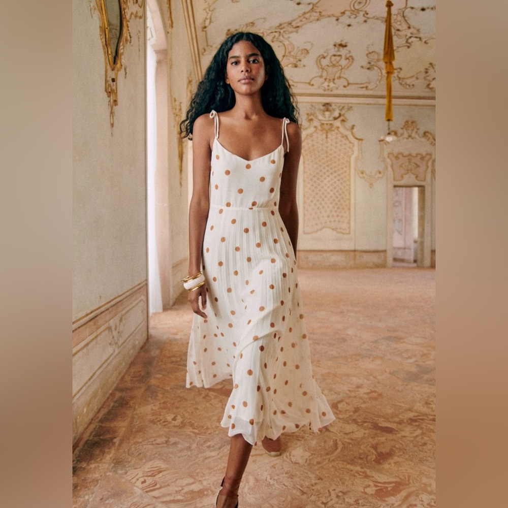 NWT Sézane Nissa Midi Dress Size 10 Ecru with Mocha Polkadots